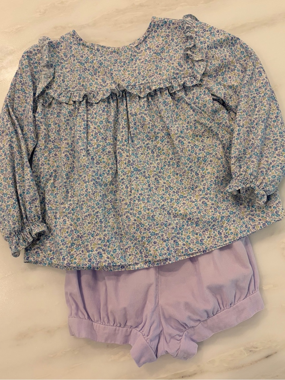 Floral Ruffle Long-Sleeve Top with Lilac Shorts Set